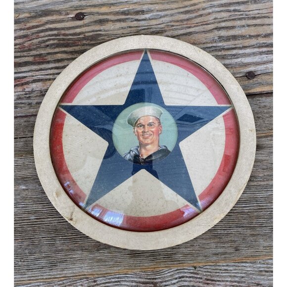 Vintage WWII Era Navy Portrait Art With Patriotic Star Convex Glass Frame